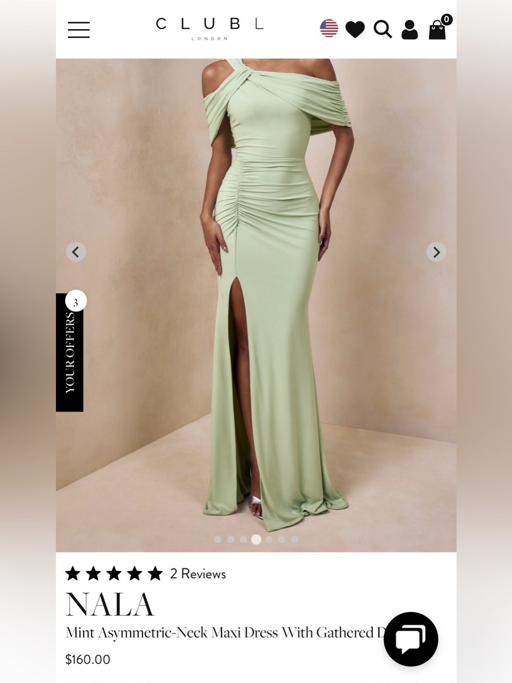 Club L London One-Shoulder Sage Green Ruched Gown with Front Thigh Slit